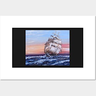 SQUARE RIGGED SAILING SHIP AT SEA Posters and Art